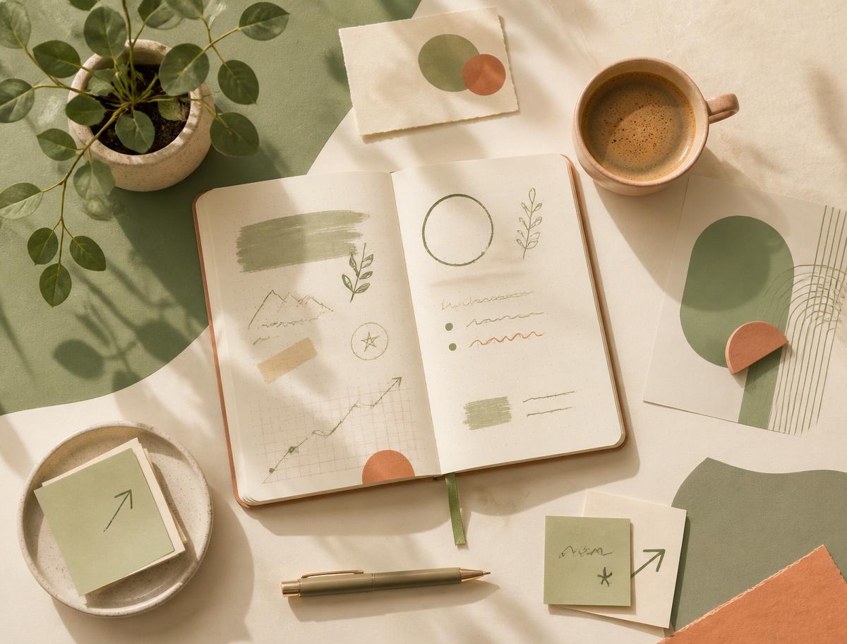 Playful Flat-Lay mit Notizbuch, Skizzen und Kaffee – Marketing-Strategie für Startups